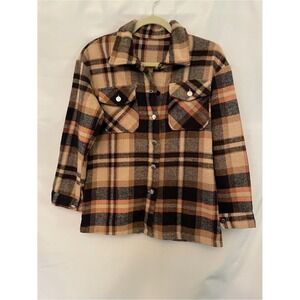 Cozy Plaid Button Front Shacket in Beige Black Rust jacket no brand